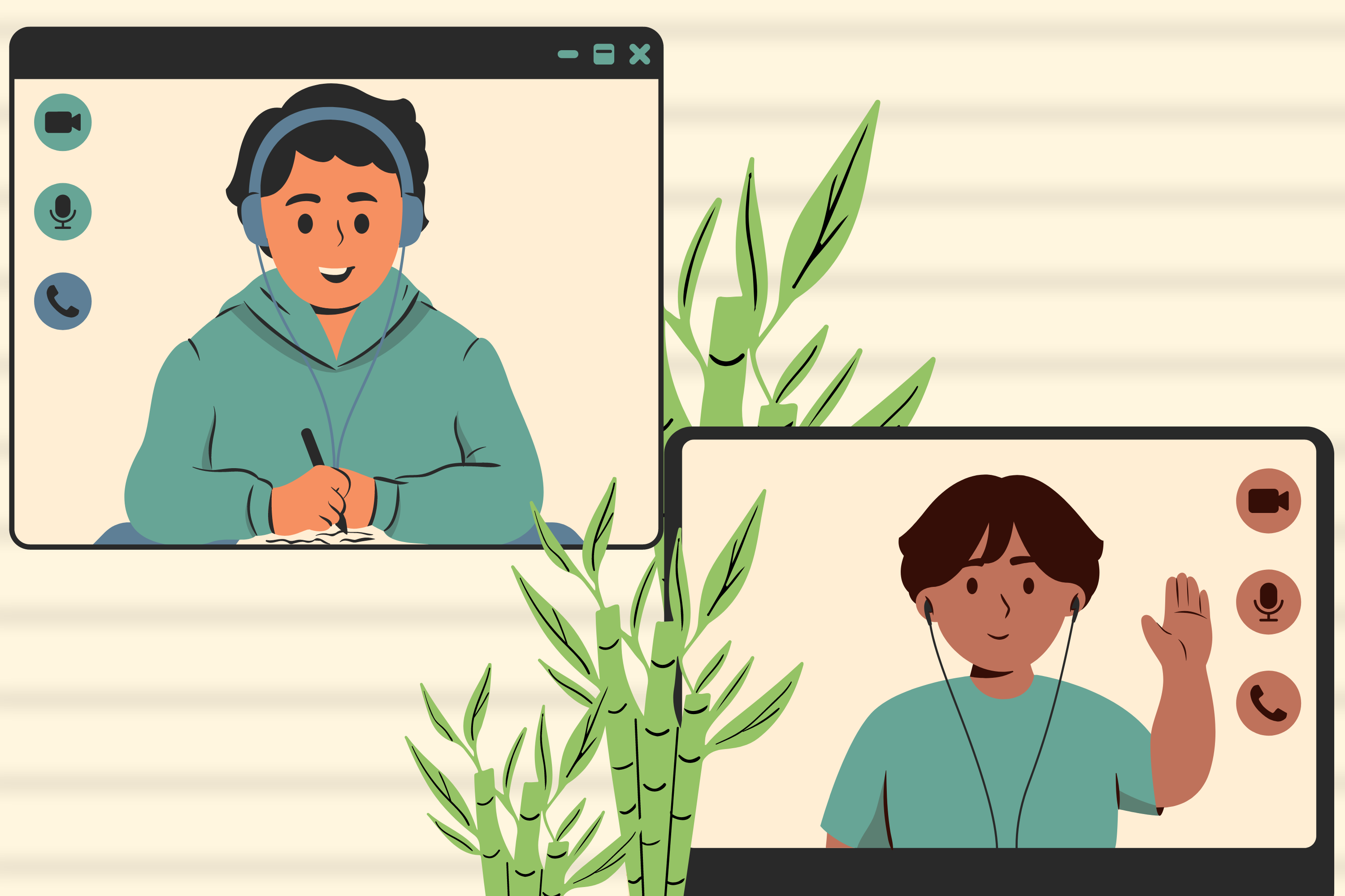 Ilustrace individuální online lekce cizího jazyka přes videohovor mezi lektorem a studentem
