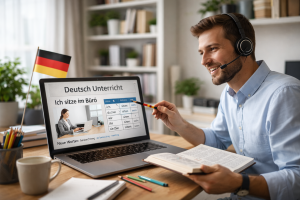 Lektor němčiny vede online doučování pro dospělé přes notebook.