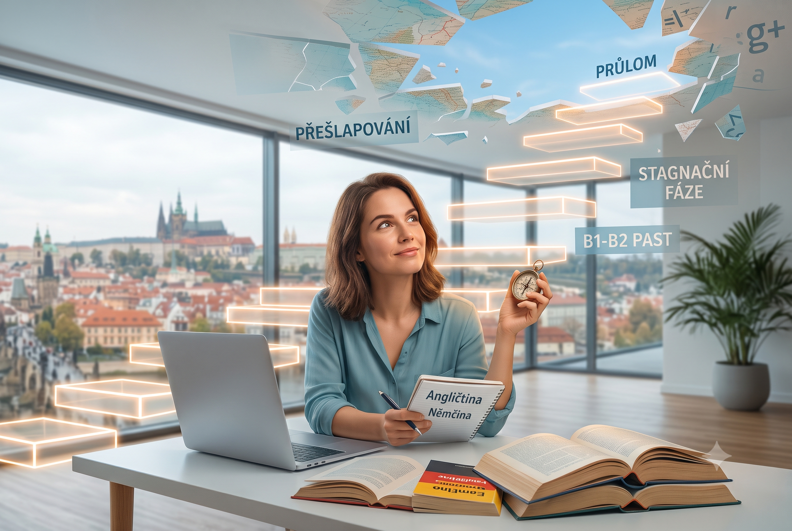 Studentka sedí u stolu s učebnicemi angličtiny a němčiny a přemýšlivě se dívá na vizuální zobrazení cesty jak překonat jazykový strop a stagnaci v učení.