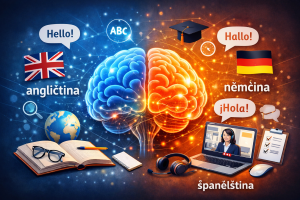 Mozek s ikonami angličtiny, němčiny a španělštiny, knihy, notebook s online lekcí a symboly učení.